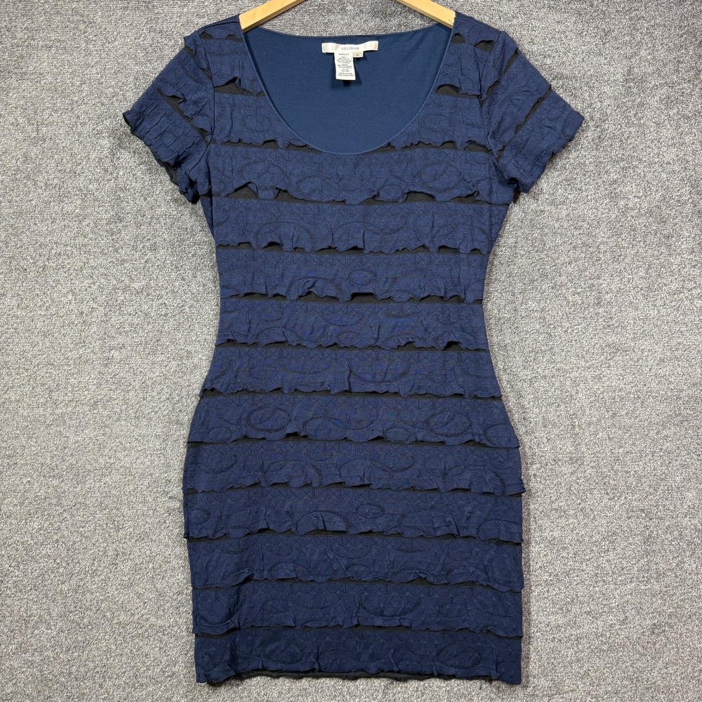 Max Studio Dress Womens L Navy Blue Tiered Ruffle‎ Mesh Sheath Short Sleeve